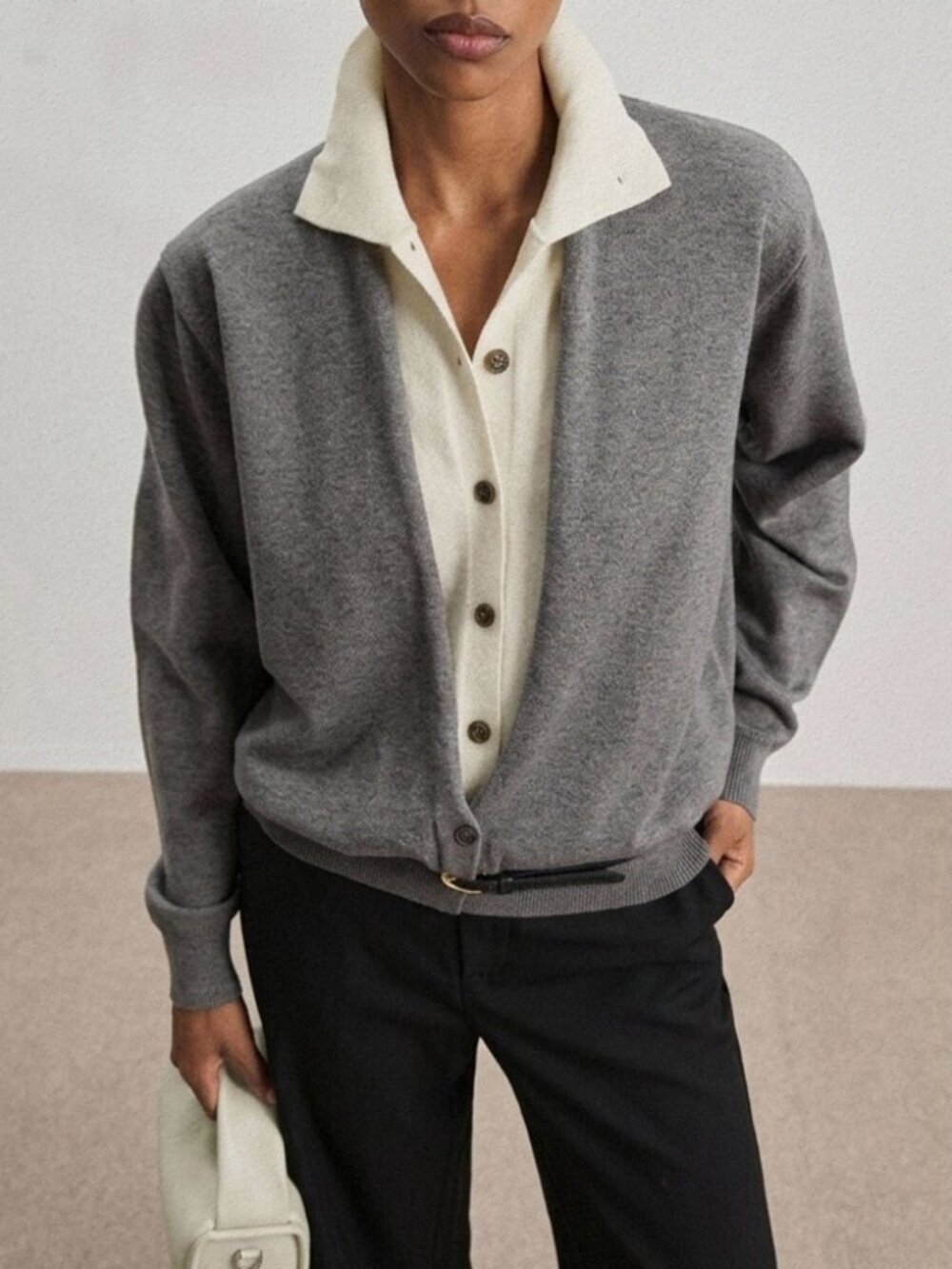 Heather Gray Open Front Trompe L'oeil Combined Knit Cardigan with Stand Collar